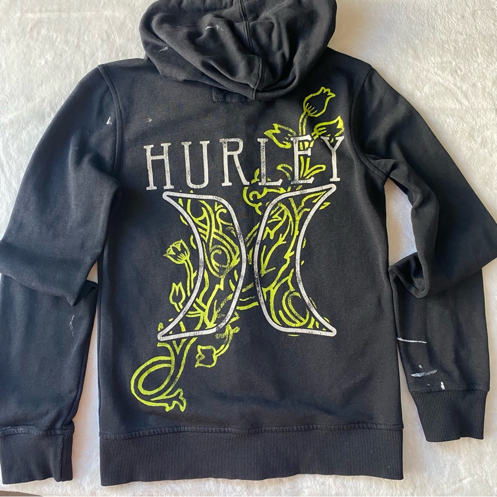 Hurley Hoodie Full Zip Vintage‎ black With green and white Graphic Size Small